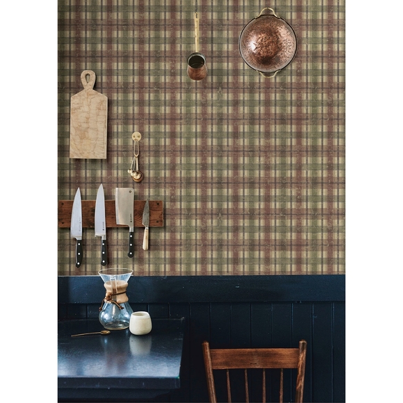 Wallpaper Nellie Brick Wooden Plaid Green, Red, Beige - Picture 4 of 11